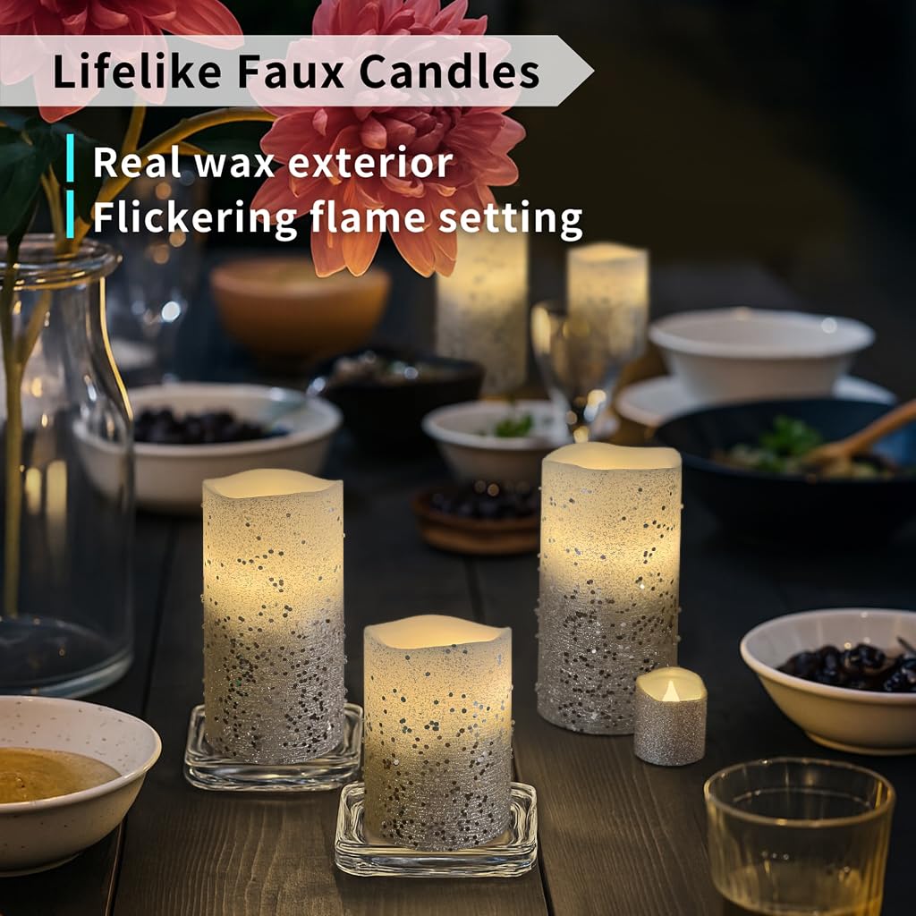FURORA LIGHTING Silver Glitter Flameless Candles - Real Wax, Adjustable Brightness, Remote & Timer - 4 Pillars (3x4, 3x6) and 4 Votives, 8-Pack, Battery Operated