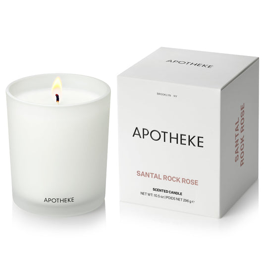 Apotheke Signature Scented Candles for Home, Santal Rock Rose - 10.5 oz - Soy Wax, Non Toxic, Large Jar White - Luxury Candle Gifts for Women & Men - Sandalwood, Rose, Musk, and Leather