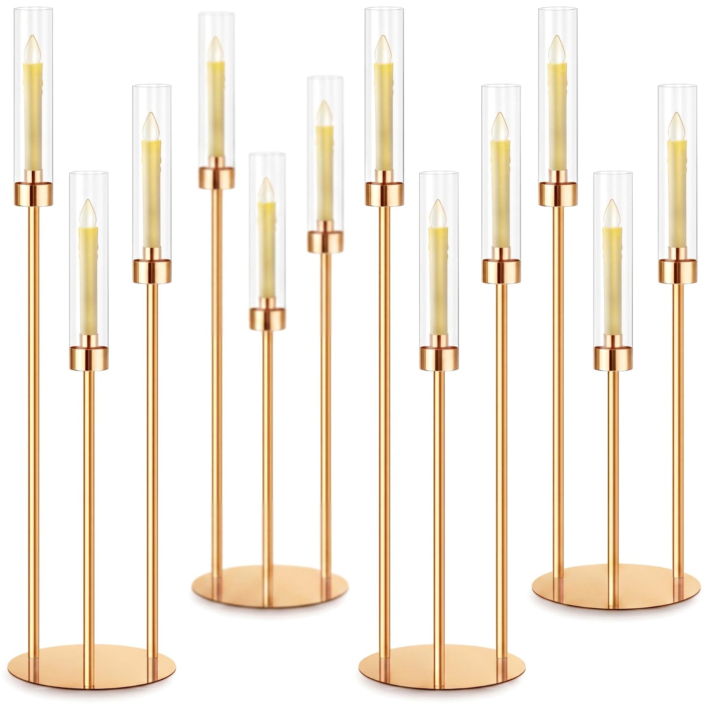Suclain 4 Set 3 Arm Candelabra Centerpiece 33.8 Inch Candle Holder Gold Candelabra Metal Floor Pillar Candlesticks for Tables Wedding Home Party Decoration