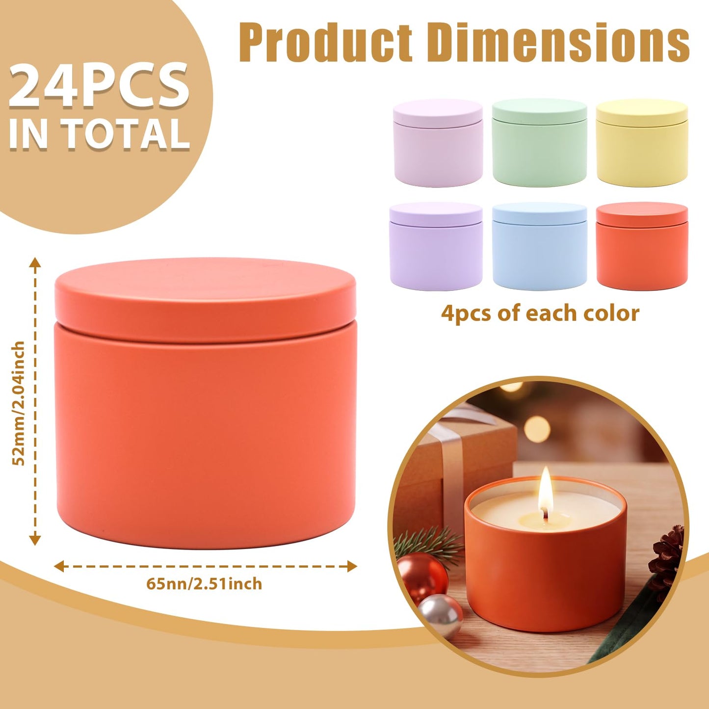 YJHSS 24-Pack 4oz Candle Tins with Lids, Metal Candle Jars for Candle Making, Empty Containers Vessels Bulk for Small Business & Beginners DIY Storage -Multicolor