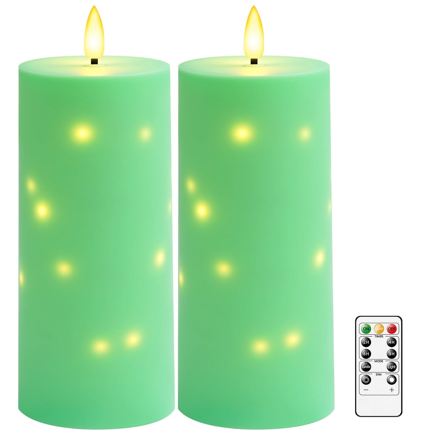 kakoya 10" x 4" Large Outdoor Waterproof Flickering Flameless Candles with Timer,2Pcs Battery Operated LED Pillar Candles with Embedded Star String for Outdoor Lanterns,Porch,Patio Decor(Green)