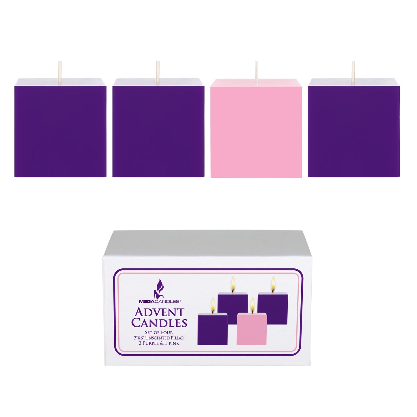 Mega Candles 4 pcs Unscented Christmas Advent Candles Set, Hand Poured Premium Wax Square Pillar Candle 3 Inch x 3 Inch, Holidays, Occasions, Events, Festivities, Devotional, Church, Wreath, Gifts