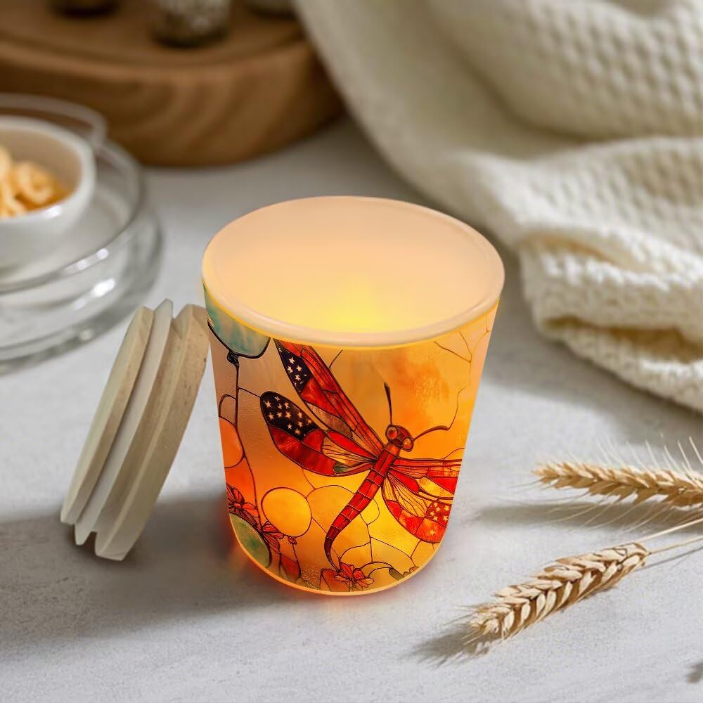 Stained Glass Dragonflies Tea Light Candle Holders, Pastoral Wildflowers Tealight Candle Holder Jar with Wooden Lid, Votive Candlesticks for Table Centerpieces, Christmas,Birthday Party