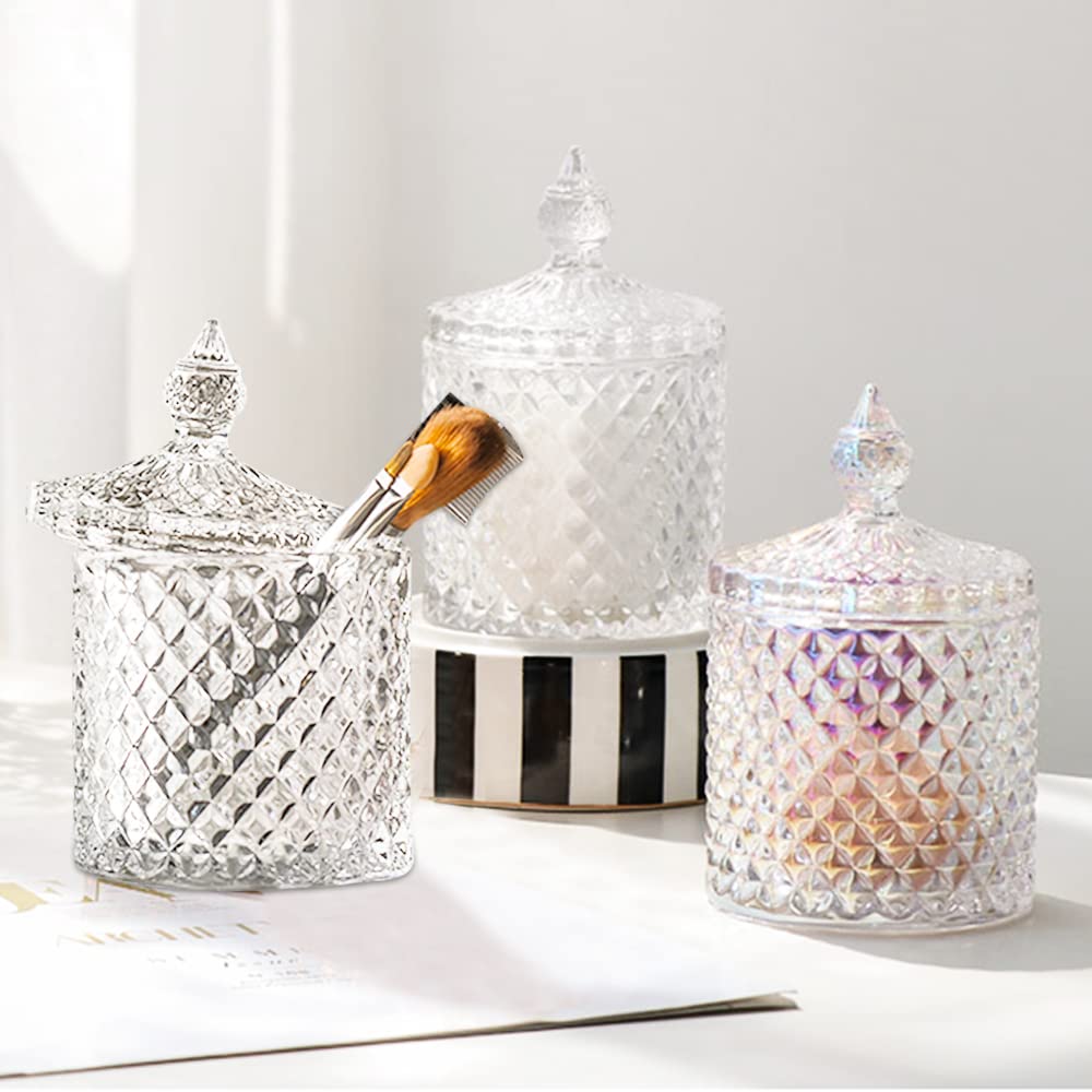FHDUSRYO 2Pcs Crystal Jar with Lid, Glass Sugar Bowl Decorative Candy Jars, Diamond Candy Dish, Crystal Cookie Tin Biscuit Barrel, Buffet Container, Qtip Holder for Home (10+24oz, Clear)