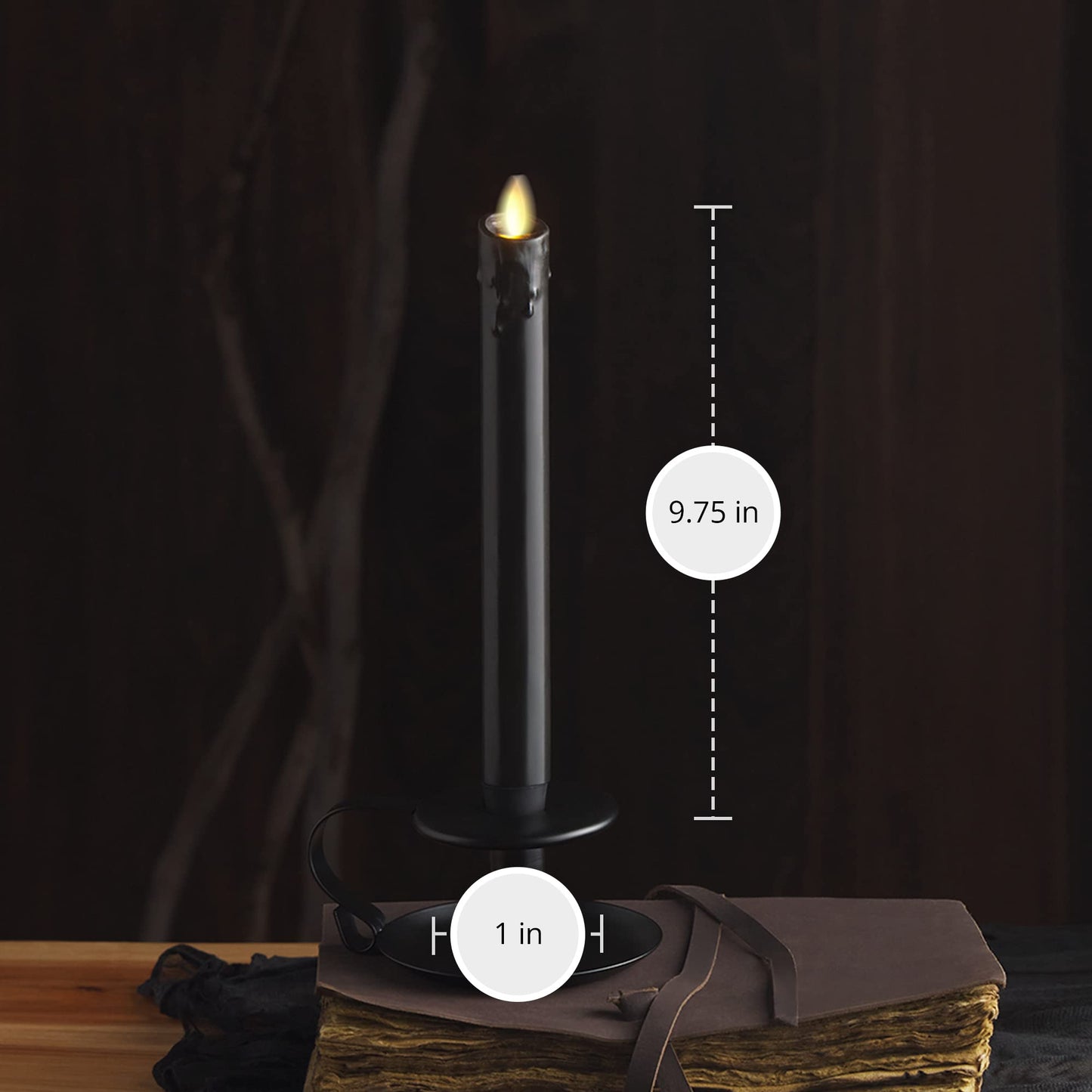 Luminara Black Single Wax Drip Flameless Candle Tapers (1 x 9.5 inch), Moving Flame LED Candle Unscented Real Wax with Dripped Top Timer Function, Table, Mantel, Holiday Decoration