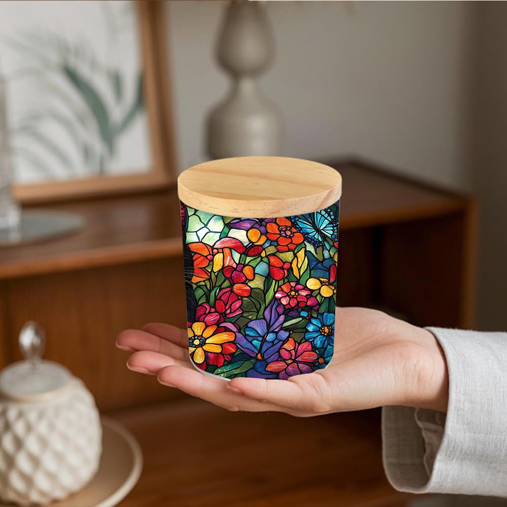 Stained Glass Black Cat Tea Light Holder Candle Jar with Battery Operated, Animal Stained Glass Memorial Candle Holder Sympathy Tealight Holder, Full Wrap Tealight Candle Jar for Home Decor
