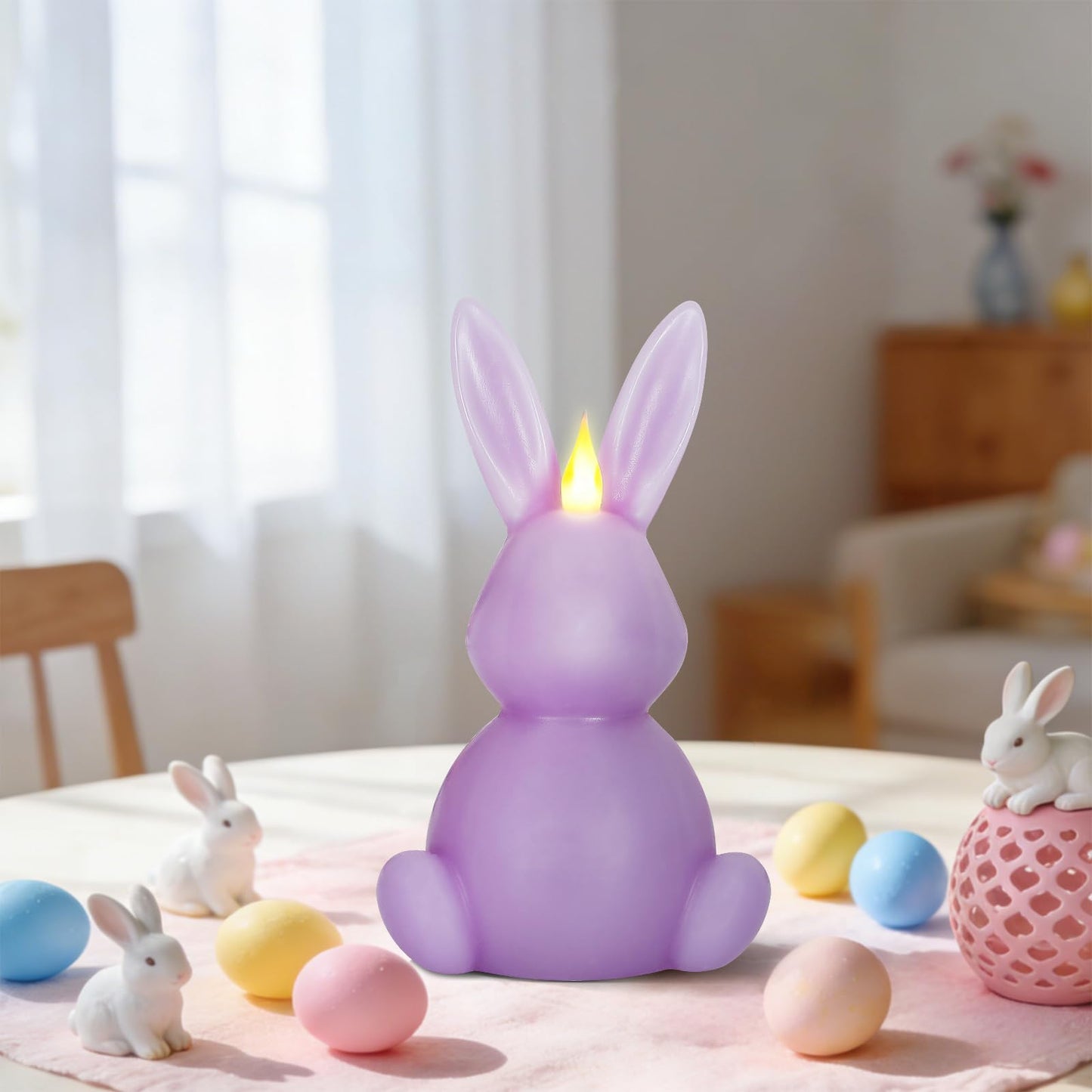 Leorate Purple Easter Bunny Flameless Candle,Real Wax Carved LED Candle,Scented Bunny Shape Flame Candle Set for Home Living Room Bedroom Party Decoration Centerpiece Table Home Decor