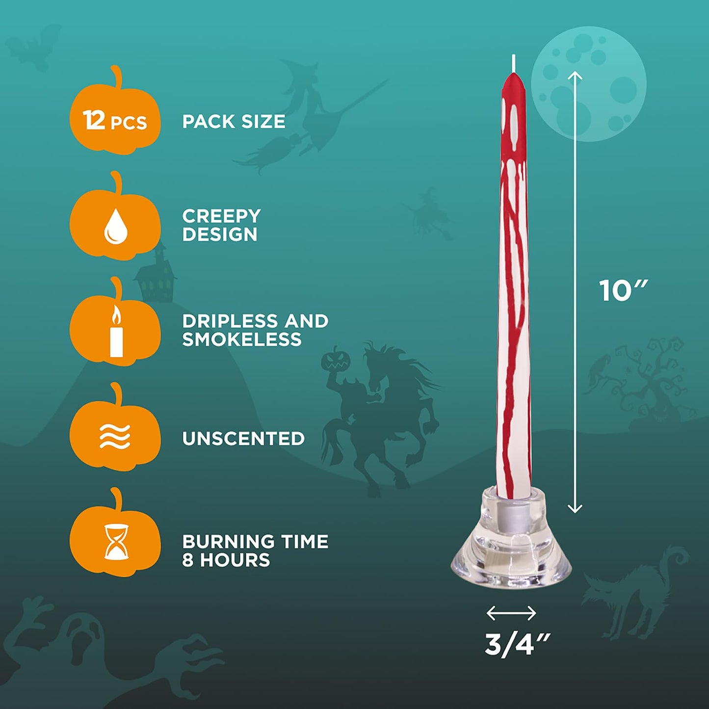 CANDWAX 10 inch Taper Candles Set of 12 - Dripless Candlesticks Burning for 8 Hours - No Drip Tapered Candles Ideal as Halloween Decor - Blood White