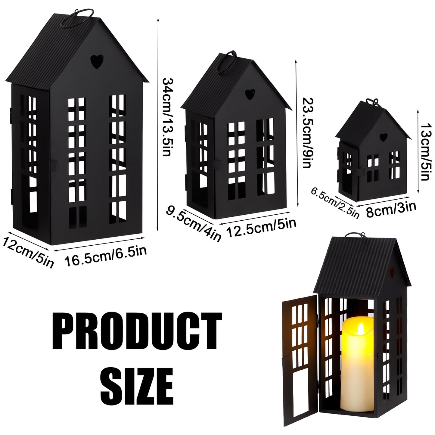 TRIROCKS Set of 3 Decorative Hanging Lanterns 13.5"&9.5"&5.5" H Gothic Street Town House Village Decor Candle Holders for Home Garden Yard Patio Gothic Parties Events Indoors Outdoors(Black)