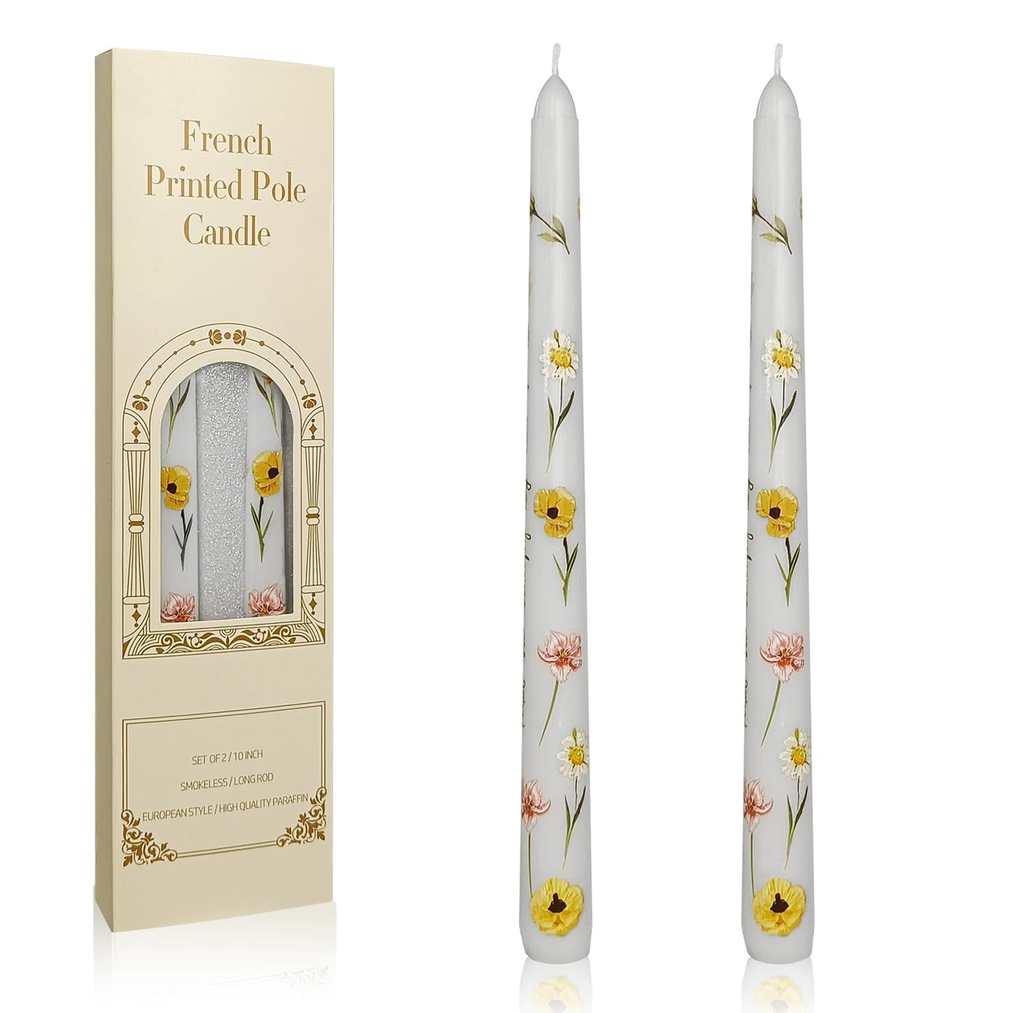 Floral Taper Candles 10 Inch Tall Unscented Handmade White Corn Poppy Print Long Burning Elegant Candlesticks for Wedding Dinner Home Decor