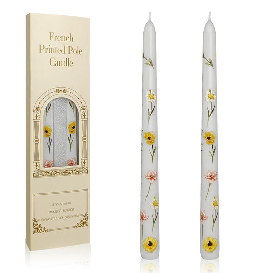 Floral Taper Candles 10 Inch Tall Unscented Handmade White Corn Poppy Print Long Burning Elegant Candlesticks for Wedding Dinner Home Decor