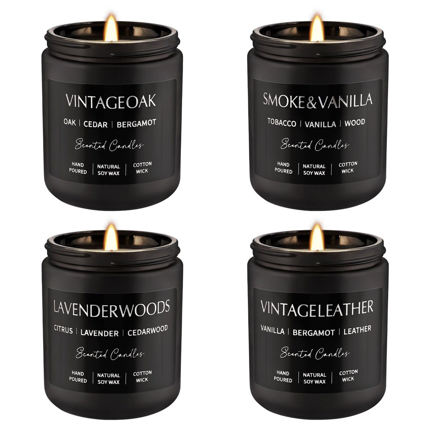 Scented Candles Gift Set - 4 Pack (7oz Each) Soy Wax Aromatherapy Candles with Essential Oils, Smokeless - Leather & Smoke, Vanilla Oakmoss, Lavender for Office, Gifts
