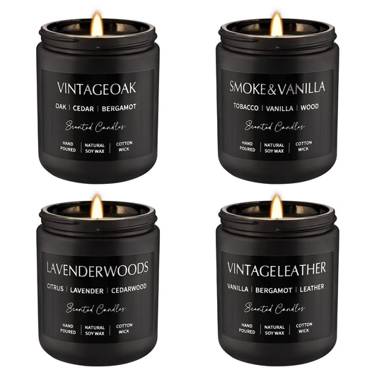 Scented Candles Gift Set - 4 Pack (7oz Each) Soy Wax Aromatherapy Candles with Essential Oils, Smokeless - Leather & Smoke, Vanilla Oakmoss, Lavender for Office, Gifts