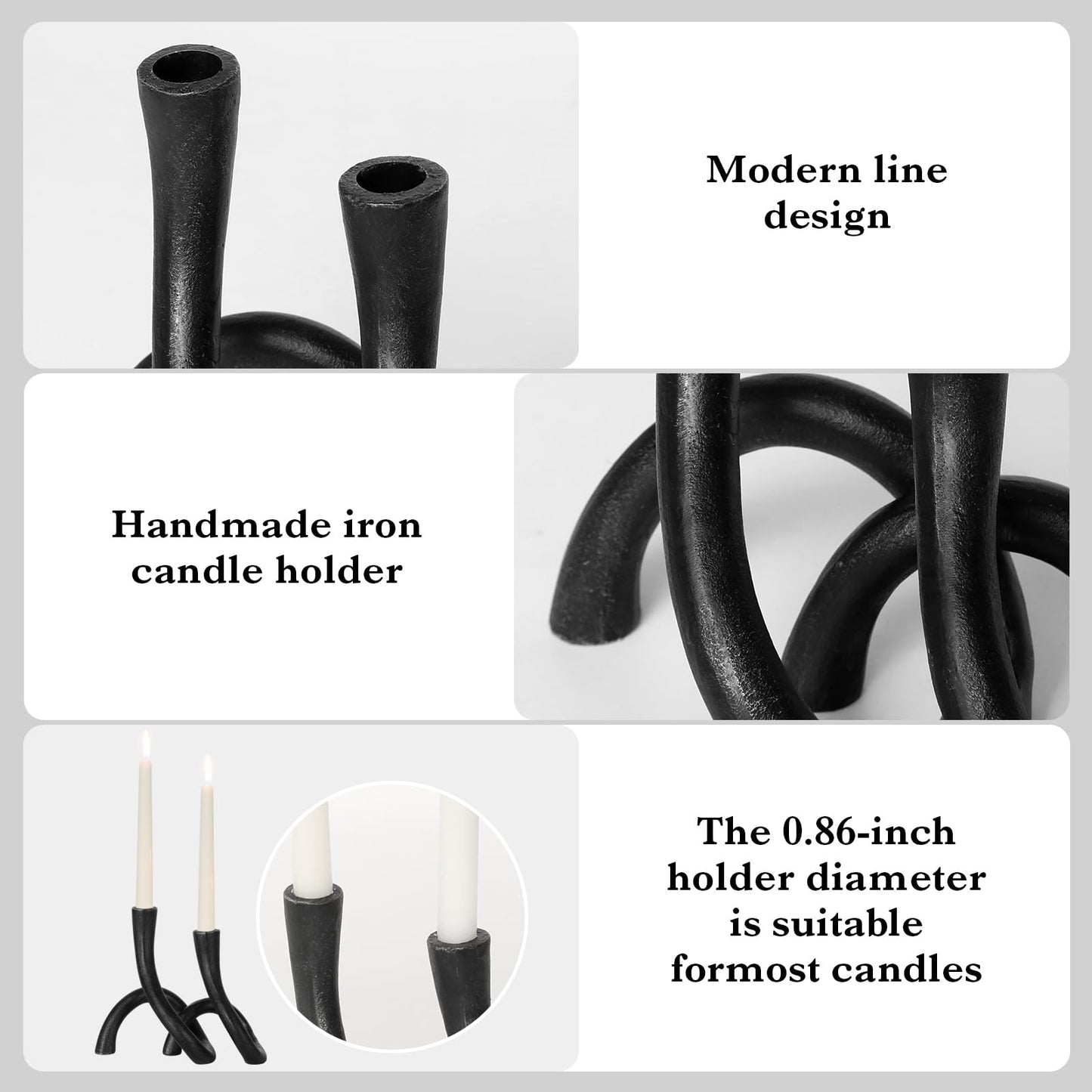 Black Cast Iron Taper Candle Holder, Candlestick Holder Decorative, Gift Tapered Candle Holders for Home Decoration, Bedroom, Dinning, Mantel, Kitchen, Party, Set of 2