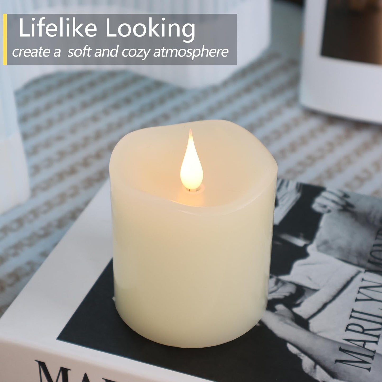 TECHLONG Flameless Candles Battery Operated with Timer, 3D Moving Flame Flickering, Last 600+ Hours Battery Candles, 3" x 3" Ivory Real Wax Electric LED Candle for Wedding Party Decorations