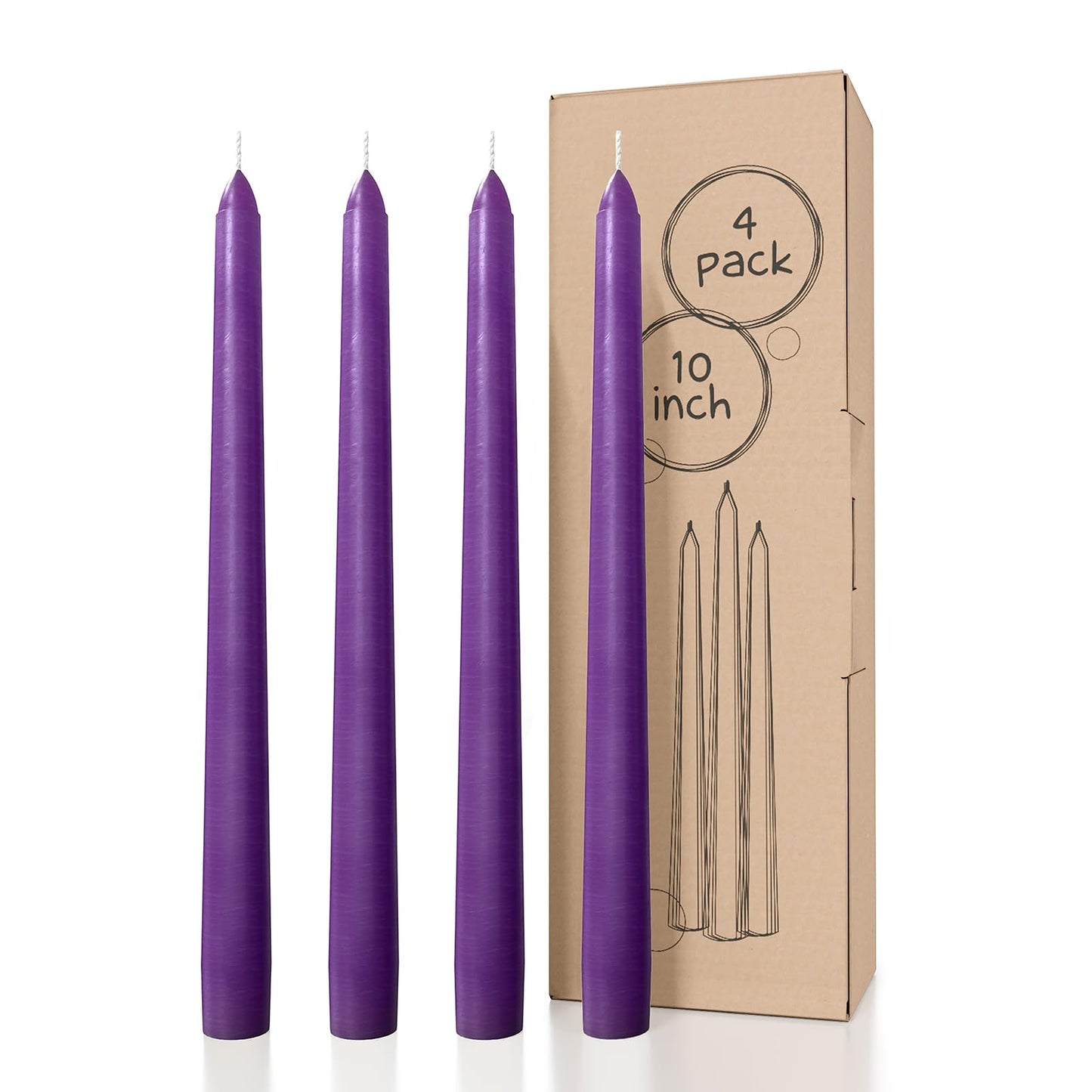 CANDWAX Purple 10 inch Taper Candles Pack of 4 - Unscented Smokeless Dripless Long Burning Christmas Candlesticks - Perfect as Christmas Candle Sticks for Home Decor - Purple Taper Candles