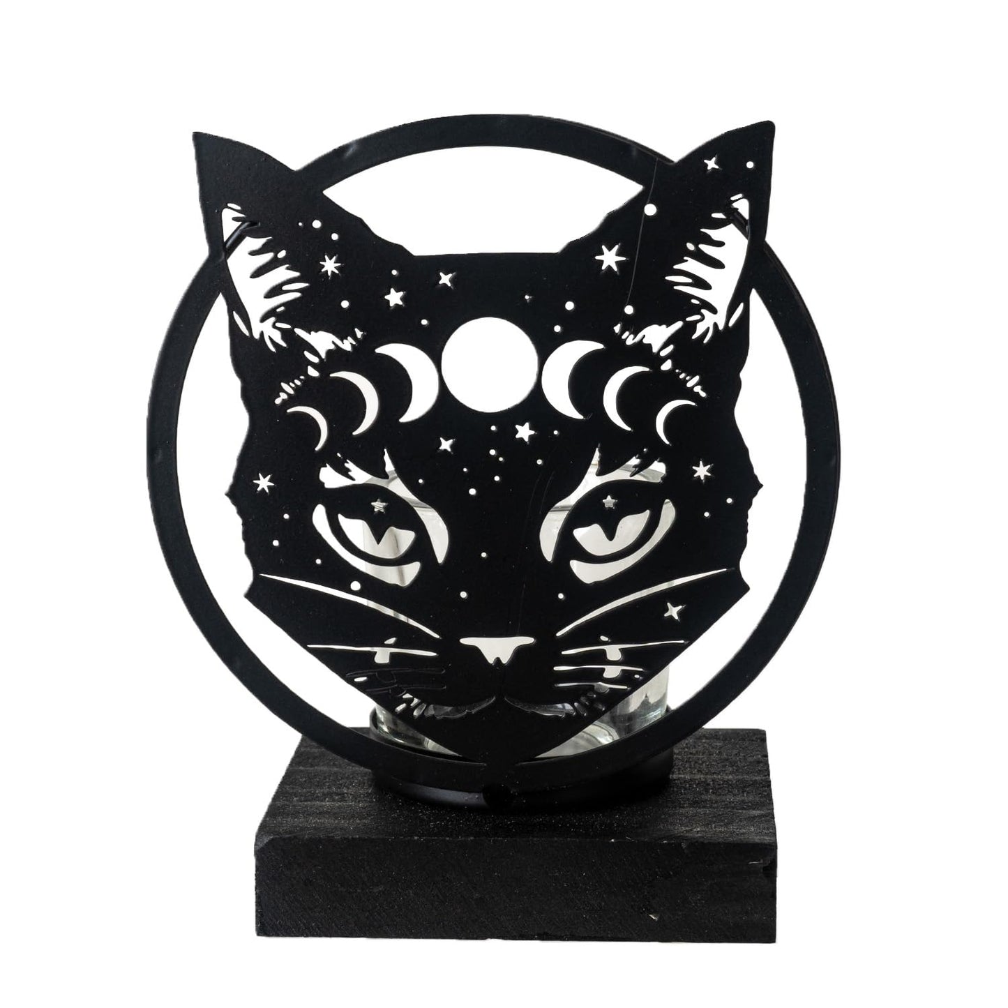 Pacific Giftware Celestial Cat Tea Light Holder by Alchemy England Mystical Silhouette with Moon Phases and Stars Perfect for Gothic or Halloween Home Decor 6" Tall
