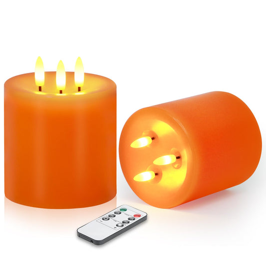 Large 3 Wick Flameless Candles Set of 2, 4"x4" Flickering LED Candles with Remote & Timer, Dimmable Real Wax Pillar Candles Battery Operated, Orange Candles for Fall Thanksgiving Halloween Decor