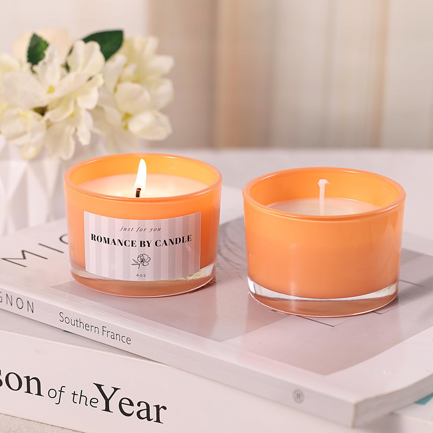 REISEN 12 PCS Orange Candle Jars for Making Candles, 4 OZ Glass Jars with Bamboo Lids and Sticky Warning Labels, Candle Containers for DIY Gifts, Candle Making Supplies