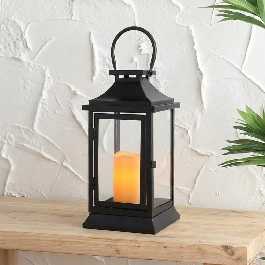 TRIROCKS Metal Candle Lantern 15'' High Decorative Outdoor Lantern Hanging Lantern with Timer LED Candle for Home Decor Living Room Parties Events Tabletop Indoors Outdoors (Black)