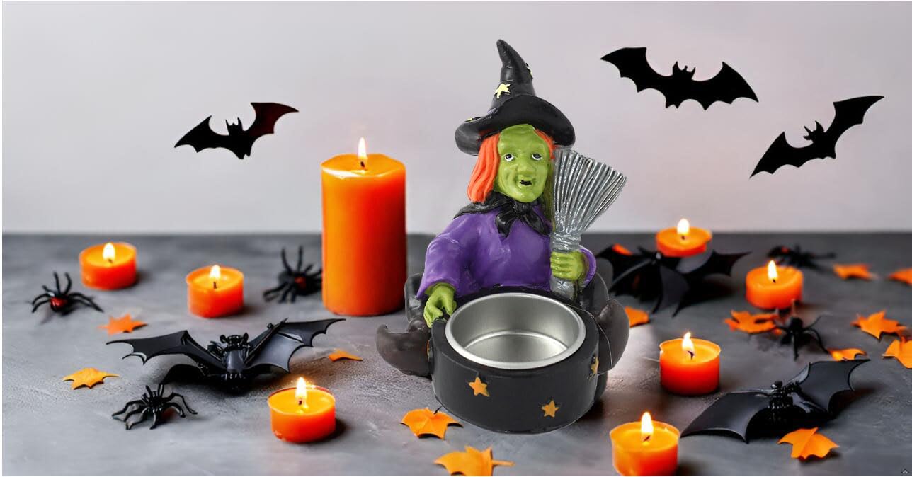 Halloween Candle Holder Spooky Witch with Broom Tealight Candle Holder Scary Halloween Decorations - Skeleton Skull Candle Holder for Bedroom Living Room Mantel Shelf Tabletop Décor