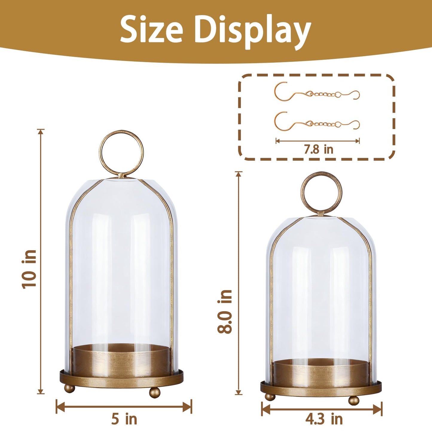 Large & Small Cloche Glass Dome Candle Holders - Glass Hurricane Candle Holder,Gold Candlestick & Lanterns Set of 2 Can Be Placed Desktop Hung,for Pillar Candles,Plants Decorative