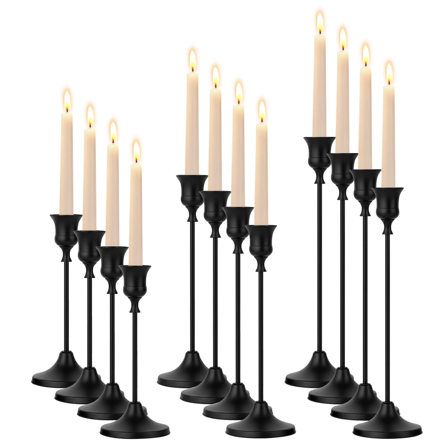 Oakernel Black Taper Candle Holders 4 Sets(12 Pcs) - Tall Metal Candlestick Holders for Table Centerpiece, Formal Dinner, Wedding, Fireplace Mantel Decor, Fits 3/4 Inch Thick Candles