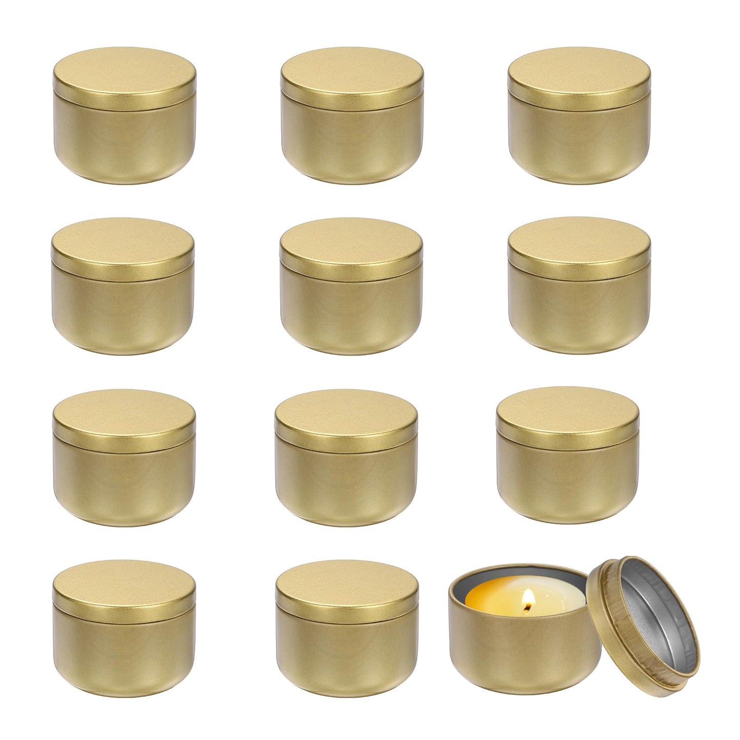MECCANIXITY 3oz Candle Tins, 12pcs Metal Candle Tins Jars with Lids Round Empty Tin Can Containers Bulk for Storage Tea and Making DIY Arts Crafts Christmas Gifts, Gold Tone