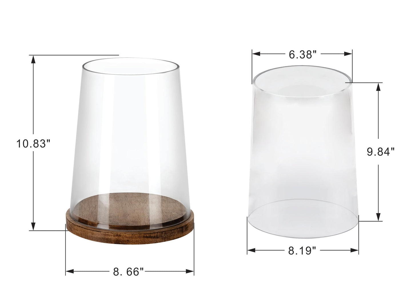 8" Wide Glass Hurricane Candle Holders with Handmade Sturdy Glass Sleeves and Vintage Natural Wood Base for Pillar Candle & Plants, Industrial, Farmhouse, Display Cloche Bell Jars, Table Centerpiece