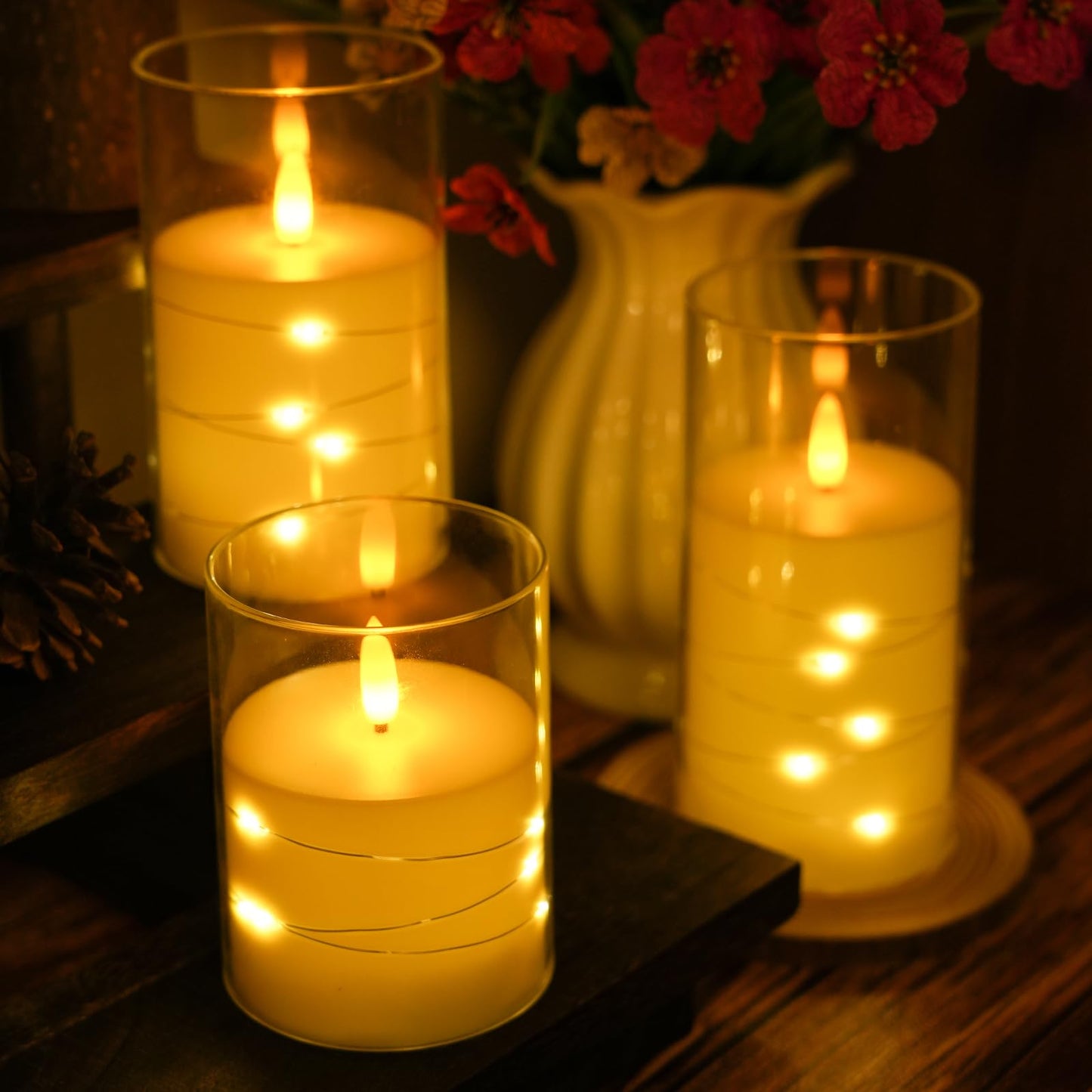 Homwamee Flickering Flameless Candles with Remote Timer- LED Candles Set of 3(4”/5”/6”), Battery Powered Candle in Glass Safe for Home/Wedding/Party/Table