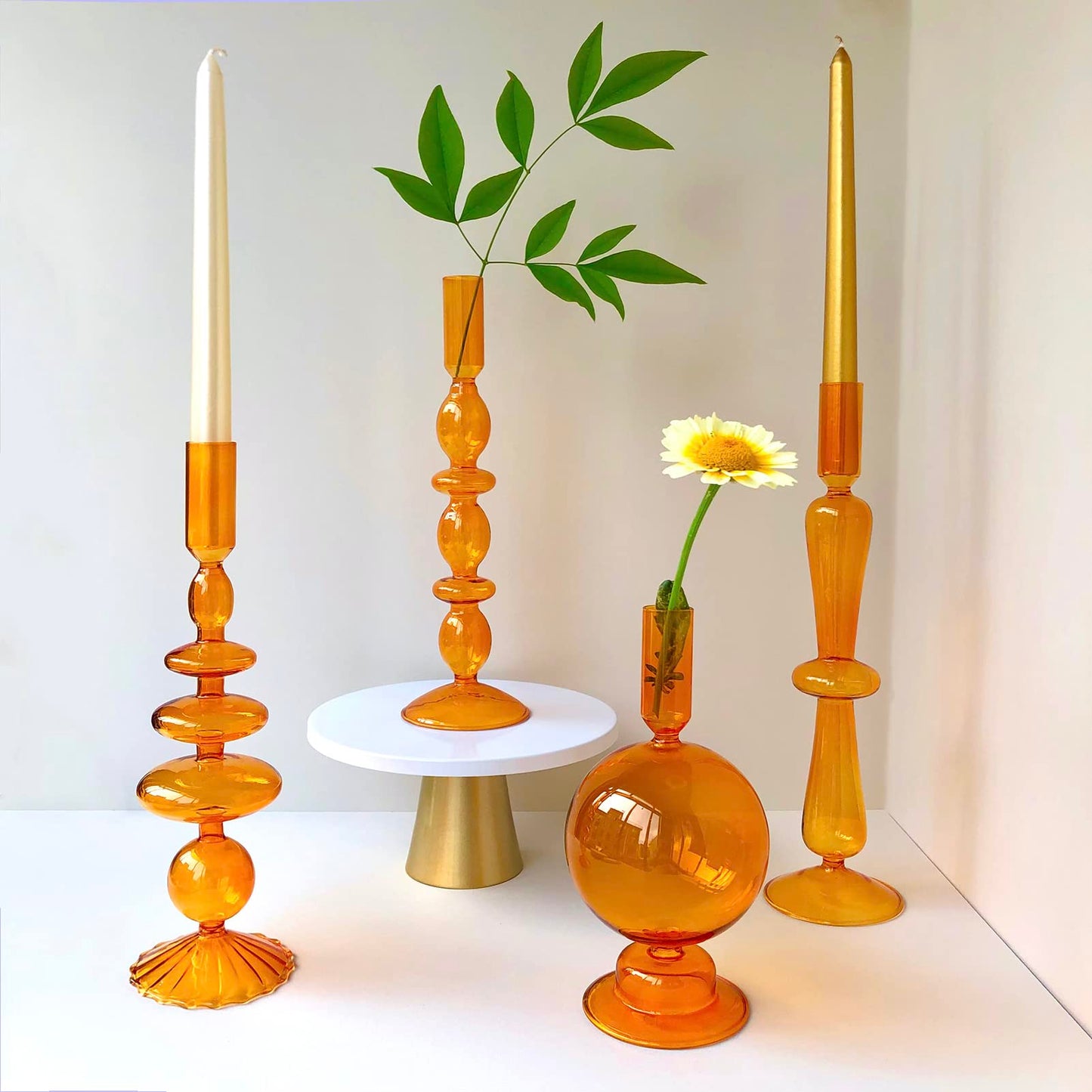 Amanman Candle Stick Candle Holder, Glass Candle Holders for Table Centerpiece, Modern Style Amber Candle Holder Mixed 4pcs