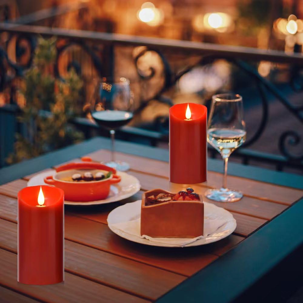 Nancia Flameless Battery Operated Flicking Candles:Remote Control Realistic Wax Pillar LED Candle with 10-Key Cycling 24 Hours Timer for Home Decoration Wedding Birthday Party Ivory 2PACK Red