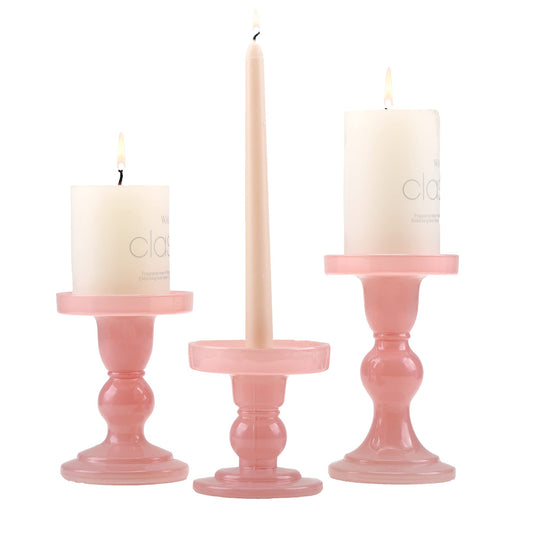 GMWD 3 Pcs Glass Candle Holder Set Clear, Pink Candlesticks Holders Pillar Taper Candles Tealight Stand for Wedding Centerpieces Home Decorations Dining Table