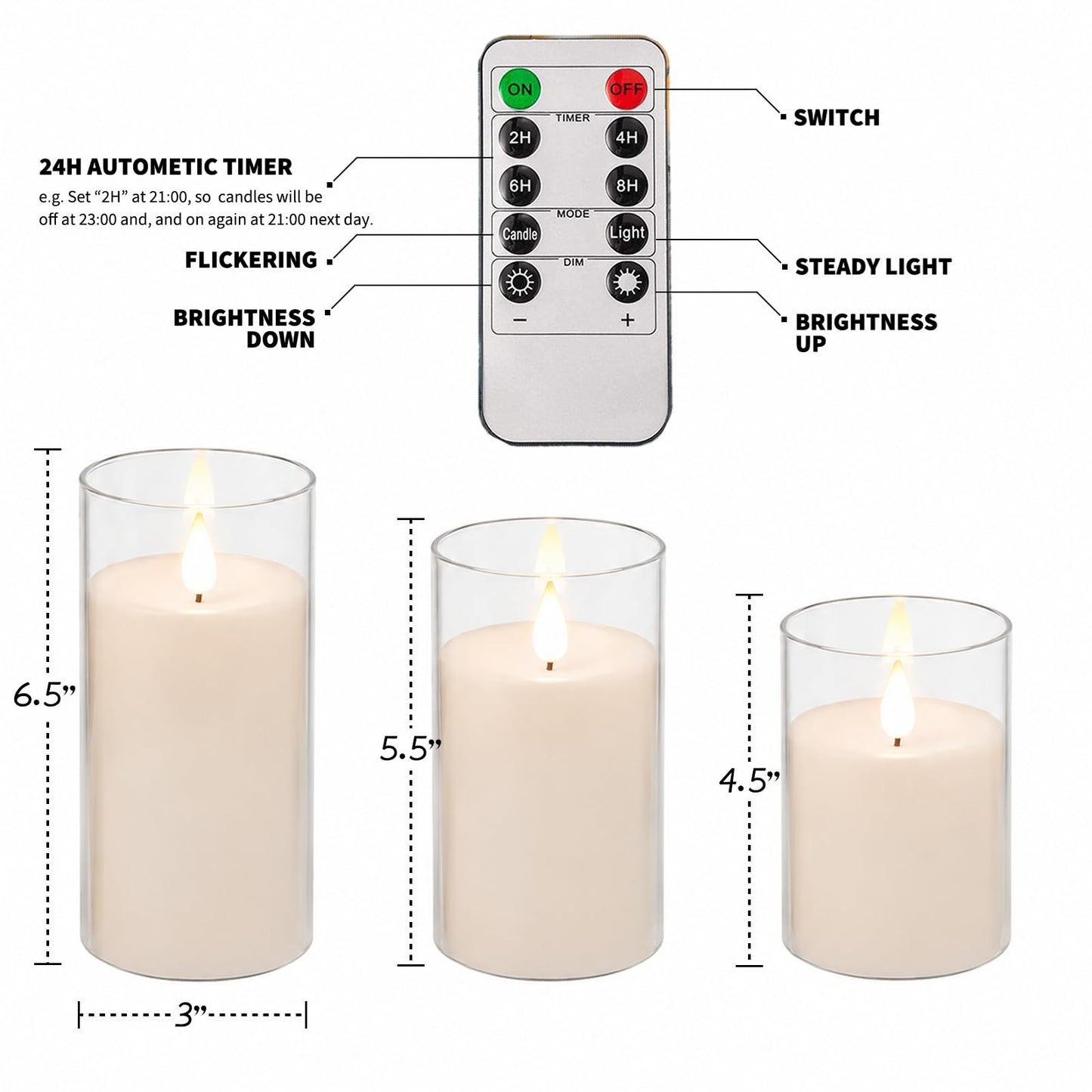 NICEME Flickering Flameless Candles with Remote Control Timer Unbreakable Acrylic Battery Operated LED Candles with Flickering Flame 3D Wick for Romantic Ambience Home Decor Set of 3, D3” xH4” 5” 6”