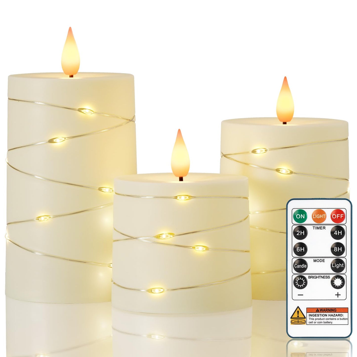 Raycare Flameless Candles with Remote Timer, Flickering Battery Operated LED Pillar Fake Candle with String Lights for Home Decor, Christmas, Wedding and Gift, Ivory, Set of 3