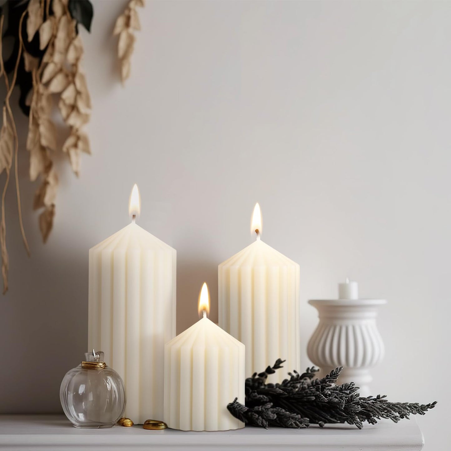 Conelist Set of 3 White Ribbed Pillar Candles Soy Wax Scented Ribbed Candles Includes 2.8, 4.2 and 5.1 Inches Heights Decorative Romantic Wedding Decoration for Couple Home Birthday Gift