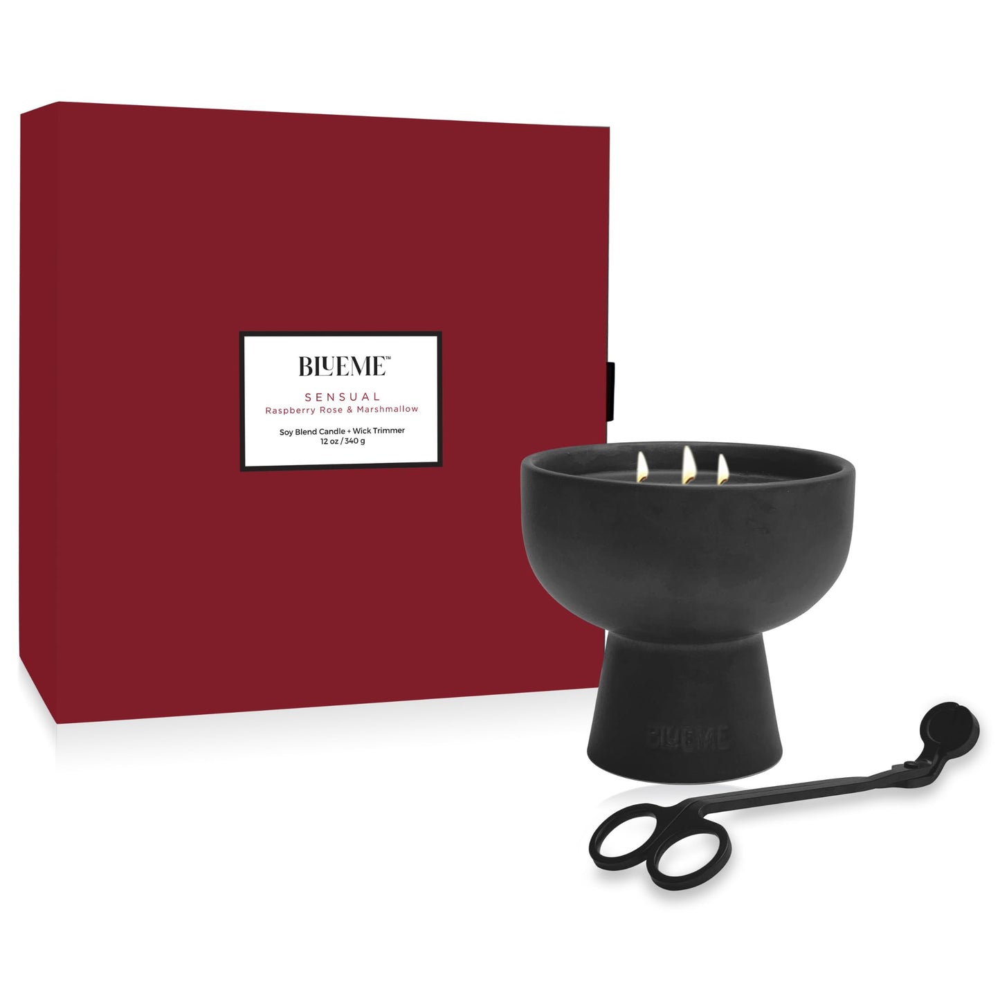 Blueme Valentines Day Candle | Sensual - Raspberry Rose & Marshmallow | Black Ceramic w/Wick Trimmer | Essential Oil, Natural Cotton Wick, Soy-Wax Blend, Hand Crafted Ceramic Vessel | 12oz Red Box