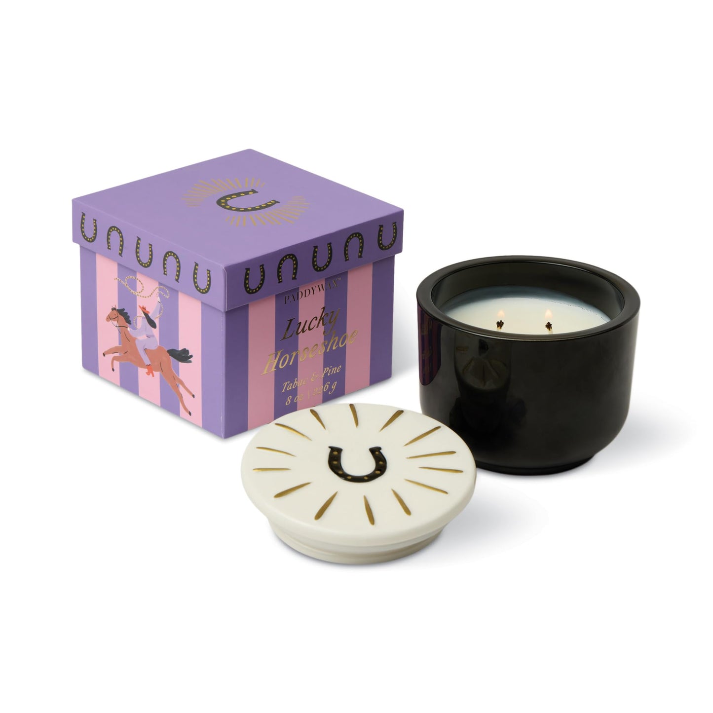 Paddywax Charmed Scented Candle in Glass Jar with Hand Painted Ceramic Lid, Soy Candle with Approx. 50 Hour Burn Time, Decorative Gift Candle for Home, 8 oz, Tabac & Pine