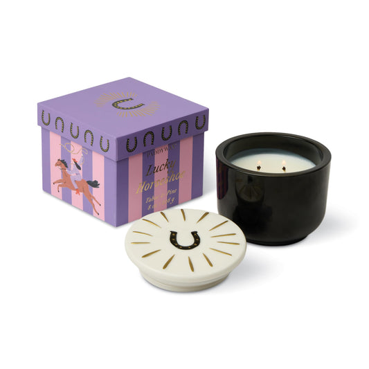 Paddywax Charmed Scented Candle in Glass Jar with Hand Painted Ceramic Lid, Soy Candle with Approx. 50 Hour Burn Time, Decorative Gift Candle for Home, 8 oz, Tabac & Pine