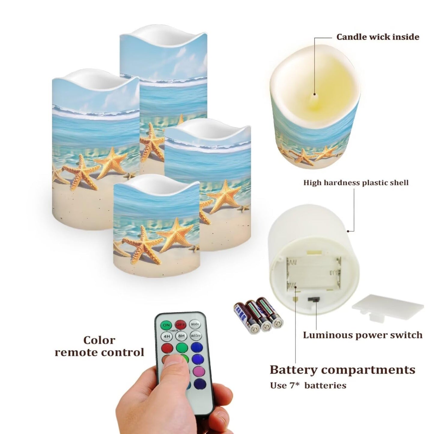 Cozeyat Starfish LED Pillar Candles 4 Pack Color Changing Battery Operated Flameless with Remote Control Timer for Wedding Birthday Home Garden