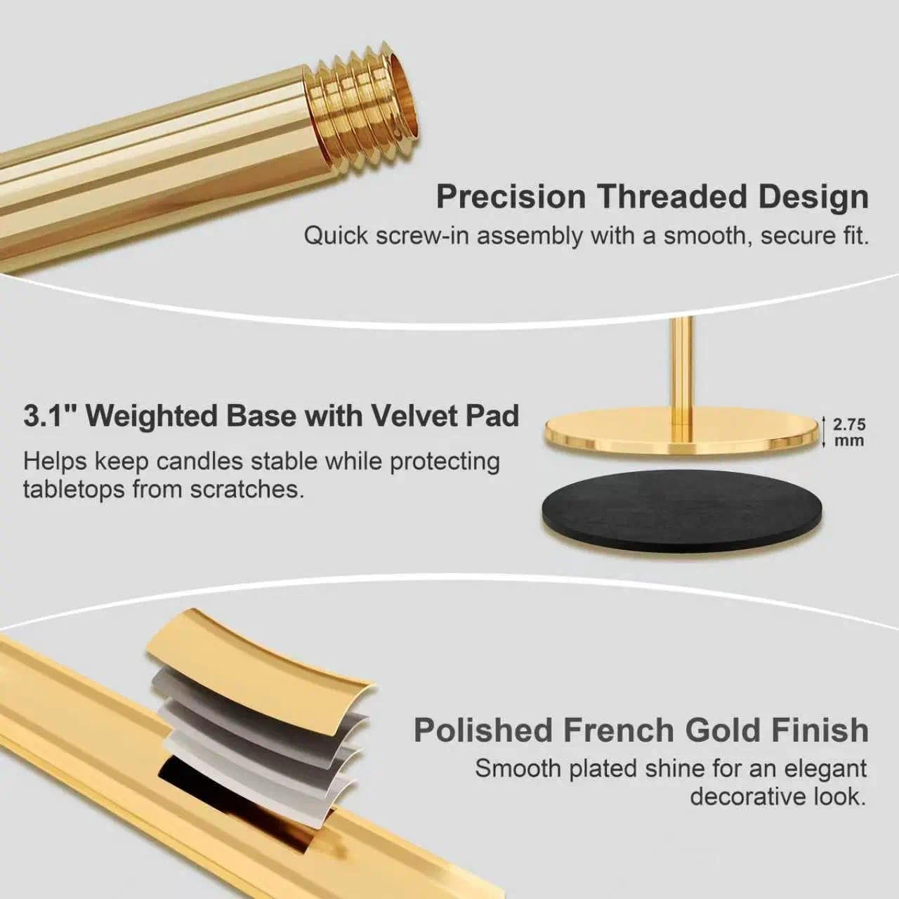 zeochyni French Gold Candlestick Holders Set of 6, Metal Taper Candle Holders in 3 Heights with Weighted Base for Dining Table Centerpiece, Wedding, Mantel Decor and Housewarming Gift