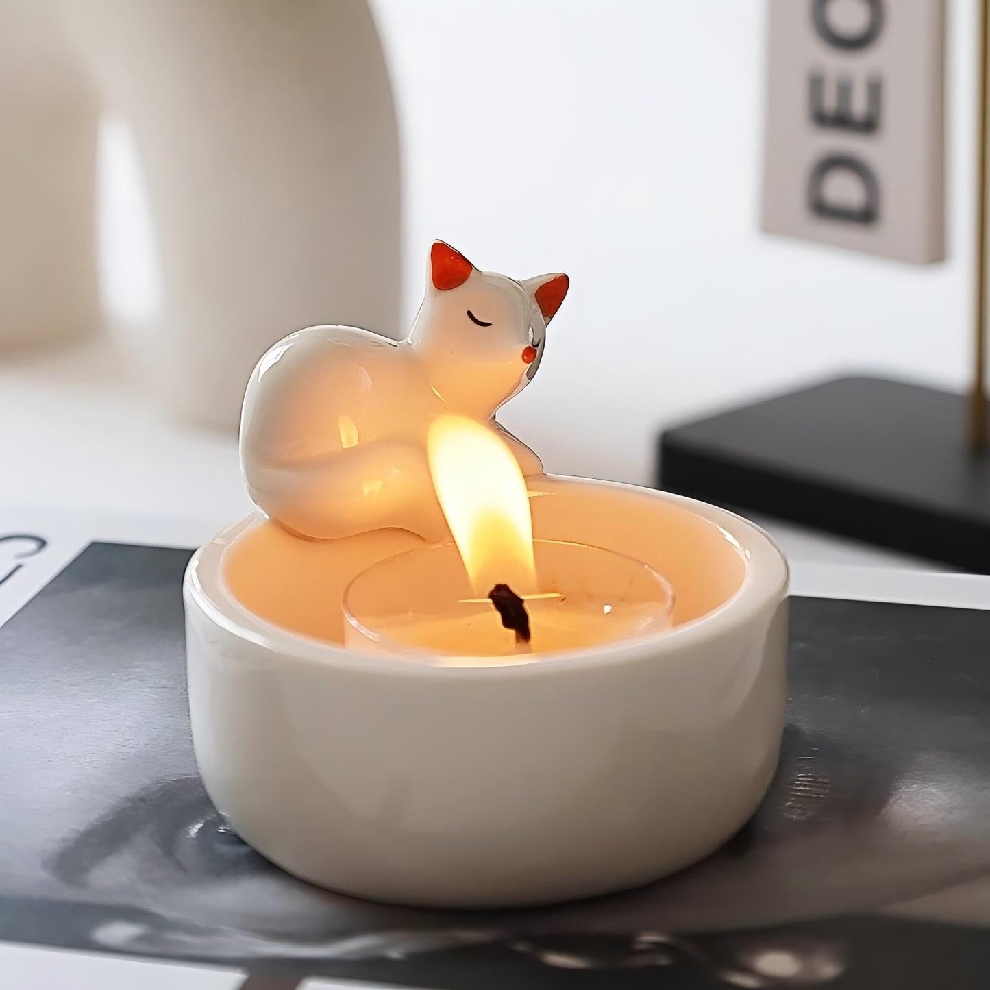 WARMCITY Handmade Animal Candle Holder, Lovely Kitten Canlestick Holder, Cartoon Figures Warming Its Paws Cute Light Holder for Candle Lovers- Candle NOT Included (Fox Red)