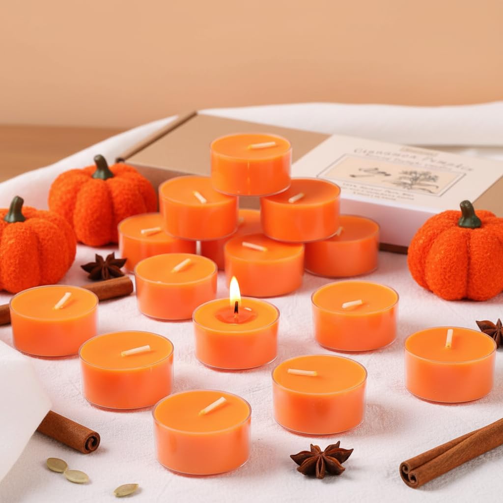Pumpkin Cinnamon Scented Tealight Candles – 14 Pack, 100% Pure Palm Wax, 6-Hour Burn, Orange Scented Candles for Fall Decor, Thanksgiving, Halloween, Cozy Ambiance