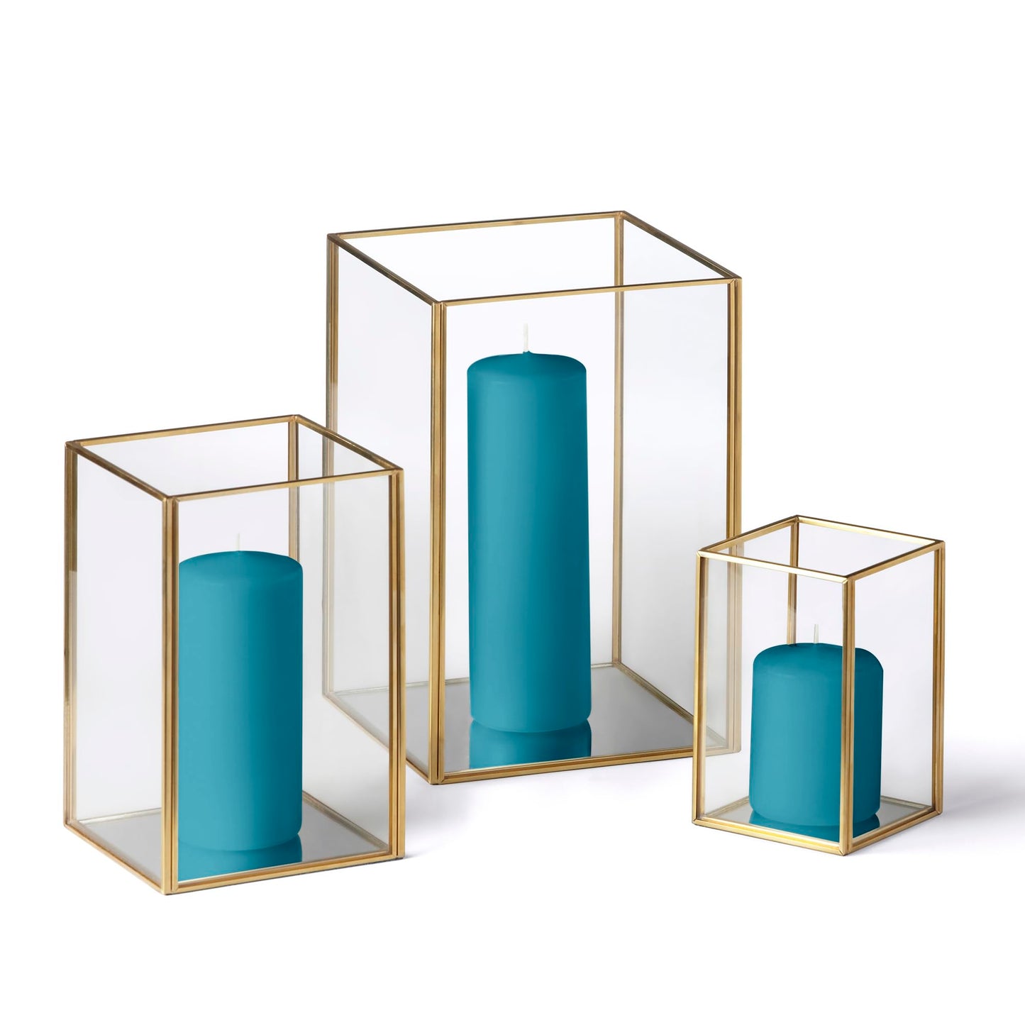 Yummi Set of 36 Slim Pillar Candles & Gold Luxus Lanterns - Turquoise