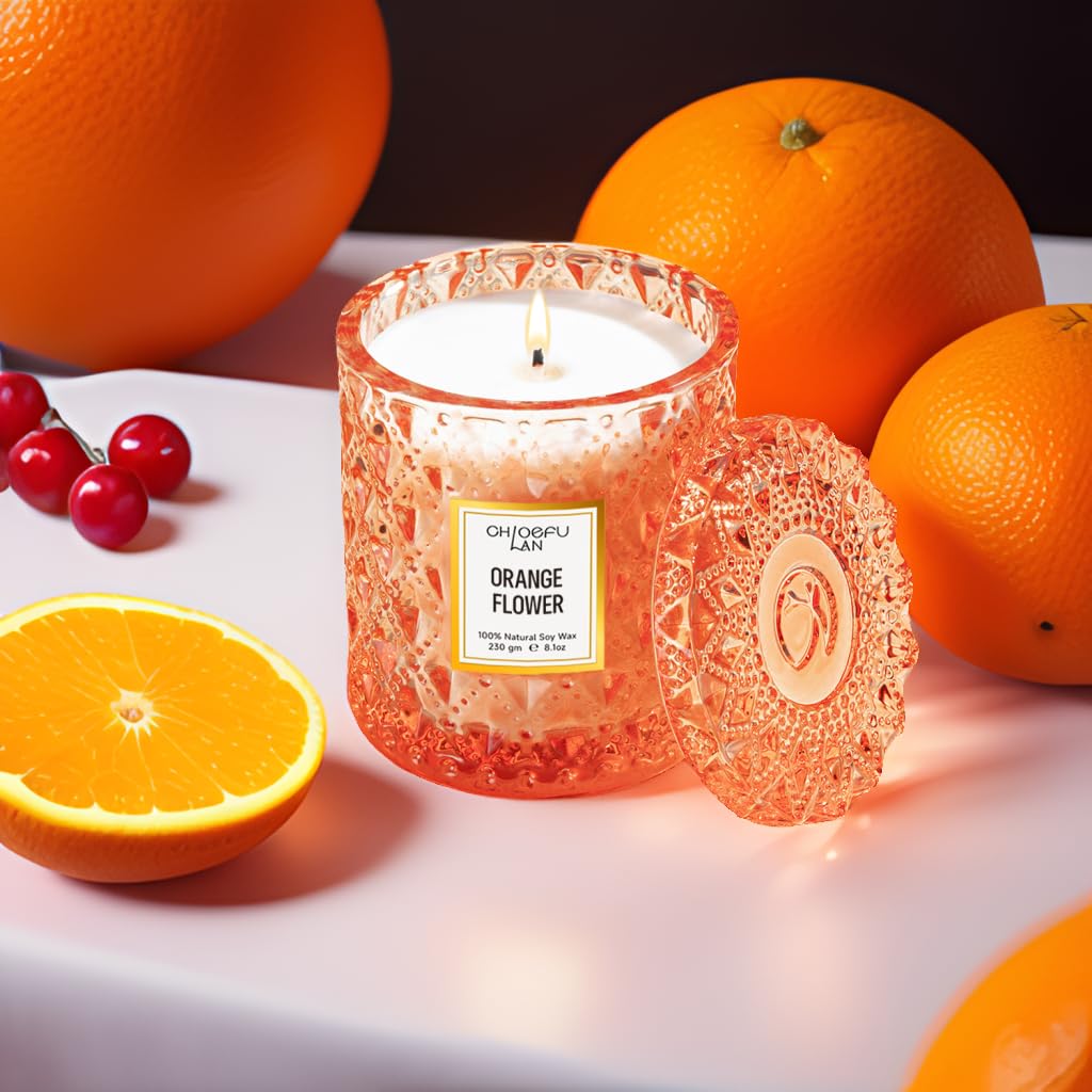 Chloefu LAN Orange Blossom Candle, Natural Soy Scented Candles for Stress Relief, Holiday Candle Gifts, 55 Hours Smokeless Long Lasting Burning, Great Gift for Women & Men