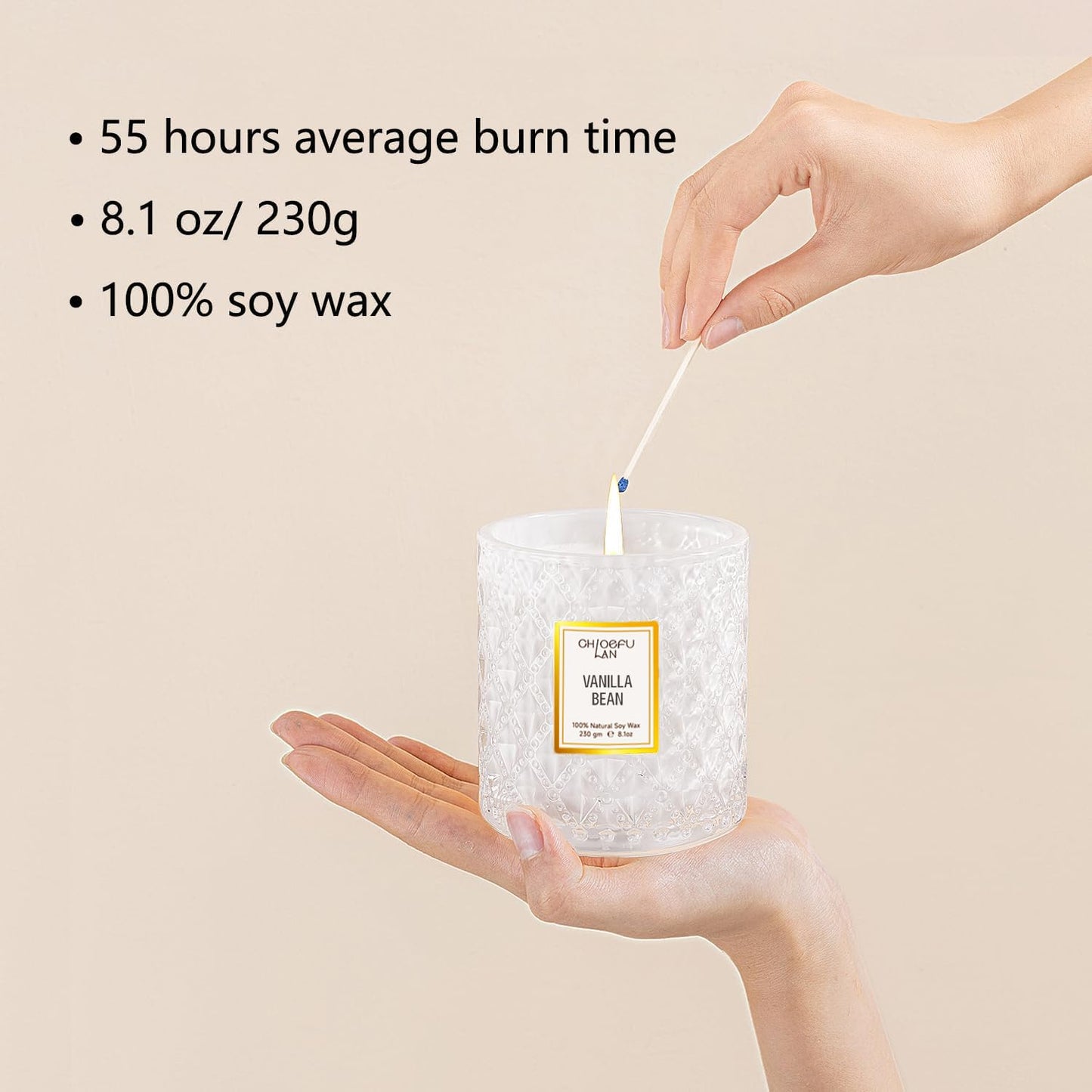 Chloefu LAN Vanilla Bean Highly Fragranced Candle Gifts for Women, Mothers Day Candle Gift, Natural Wax Candle for Home Scented, Up to 55 Hour Burn time - 8.1 Ounce Premium Soy Wax