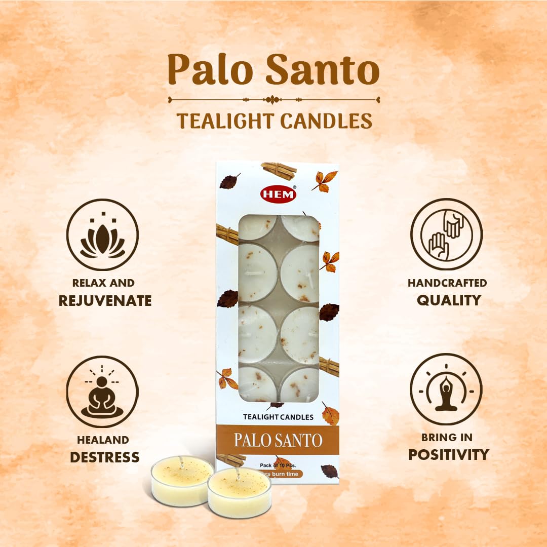 HEM Palo Santo Scented Tealight Candles (10 Pack, 5 Hr Burn) - Natural Soy, Non-Toxic, Long Lasting, No Smoke