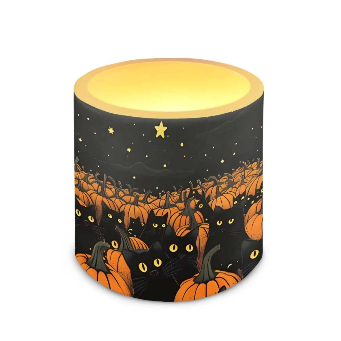 Merkmak Trick or Treat Day Flameless Candles with 18-Key Remote Battery Operated Candles with Timer, Pumpkin Black Cat Print LED Pillar Tea Lights for Halloween Party Home Decoration