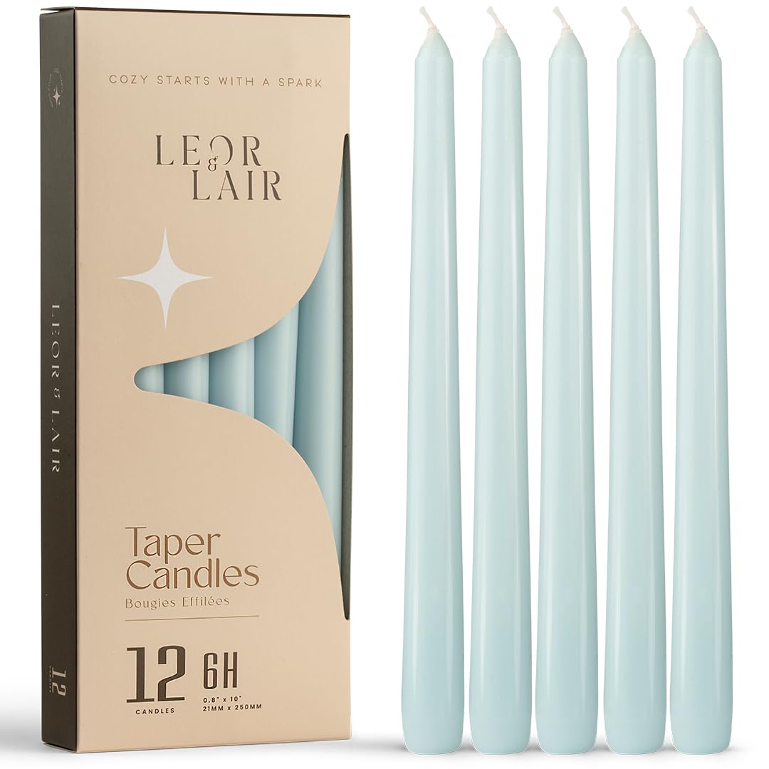 Leor & Lair Light Blue Taper Candles - 12 Pack 10" Light Blue Candlesticks - Unscented Candle Sticks for Winter Home Decor, Easter Dinner, Weddings, Restaurants & Events