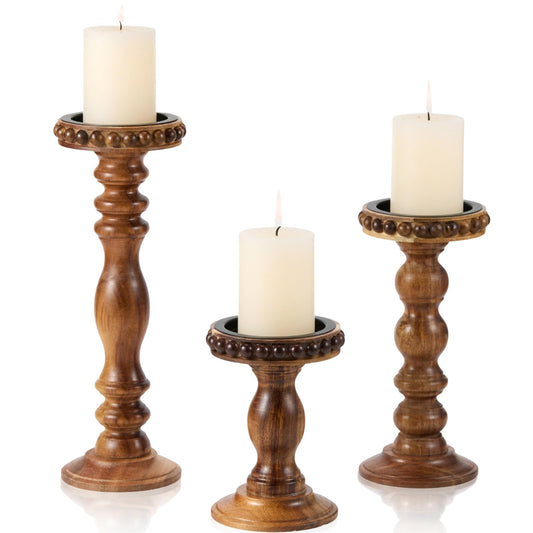 THORNIA Wood Candle Holders for Pillar Candles, 3-Piece Vintage Rustic Tall Modern Farmhouse Holder Set, Decorative Acacia Wooden Candlestick Stand for Fireplace Mantel, Table Centerpiece Decor